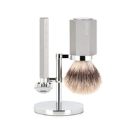 Mark Braun Barbersæt med DE-skraber, Barberkost og holder, Hexagon, Sølv Aluminum