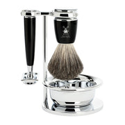 Barbersæt med DE-skraber, Barberkost, Holder og Skål, Rytmo, Sort Kunstharpiks