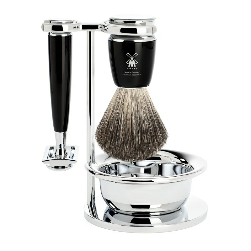 Barbersæt med DE-skraber, Barberkost, Holder og Skål, Rytmo, Sort Kunstharpiks