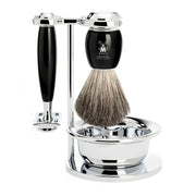 Barbersæt med DE-skraber, Barberkost, Holder og Skål, Vivo, Sort Kunstharpiks