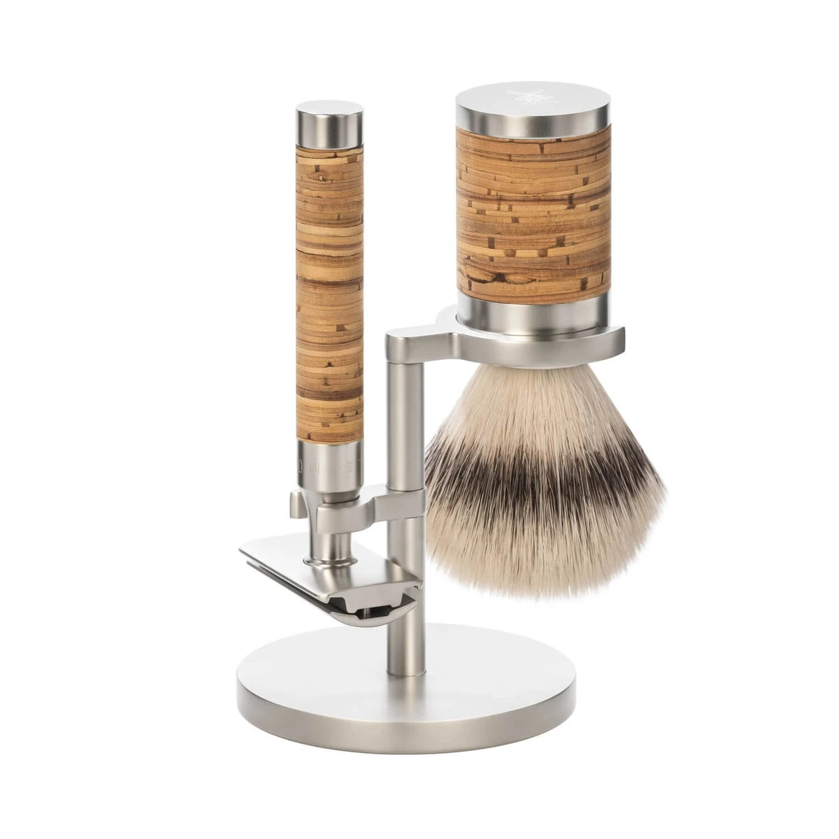 Barbersæt med DE-skraber, Fibre Barberkost og Holder, Rocca, Rustfrit stål & Birkebark
