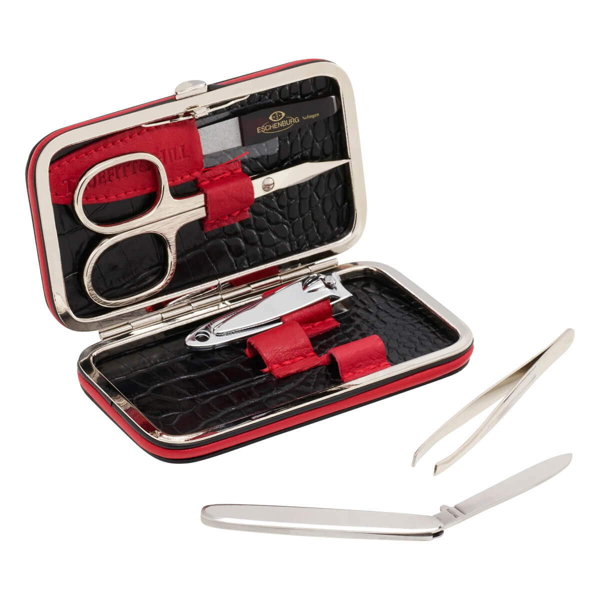 Manicuresæt, 5 dele, Faux Croc, Black & Red